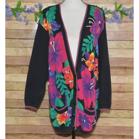 Vintage Jantzen Classics Cardigan Sweater Size XL Floral Hand Embroidered Granny - Picture 1 of 10